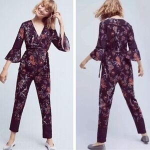 Mauve Anthropologie Purple Floral Faux Wrap Ankle Length Jumpsuit 8 Medium